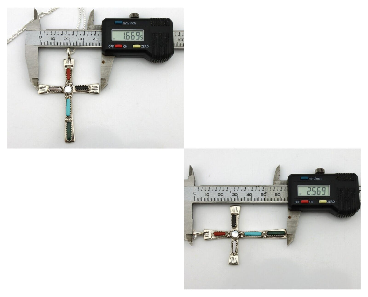 Zuni Handmade Cross Necklace 925 Silver Natural Gemstone Signed C. IULE C.80's