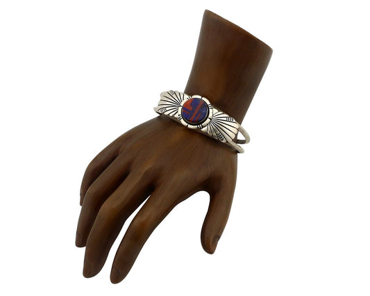 Navajo Bracelet 925 Silver Coral & Blue Turquoise Shop Signed De Chelly - L Kee