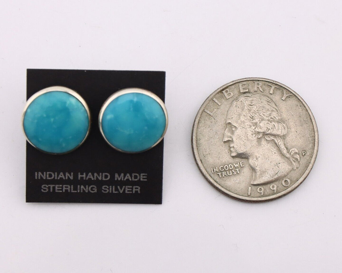 Navajo Earrings 925 Silver Natural Kingman Turquoise Artist Signed JM C.90's