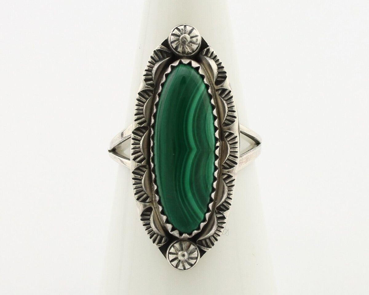Navajo Ring .925 Silver Malachite Hand Stamped Signed Herman Lee C.80's