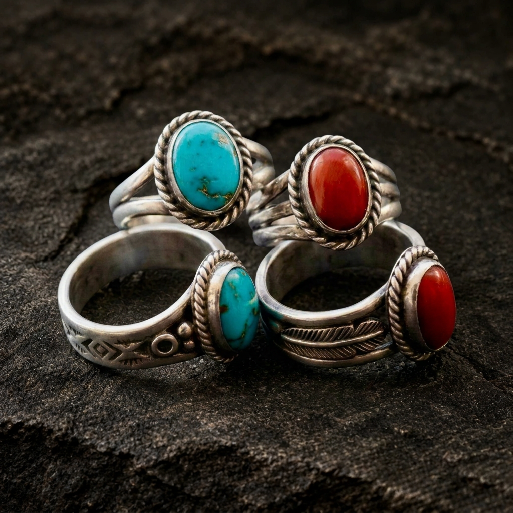 Four rings with rugged dark charcoal stone background