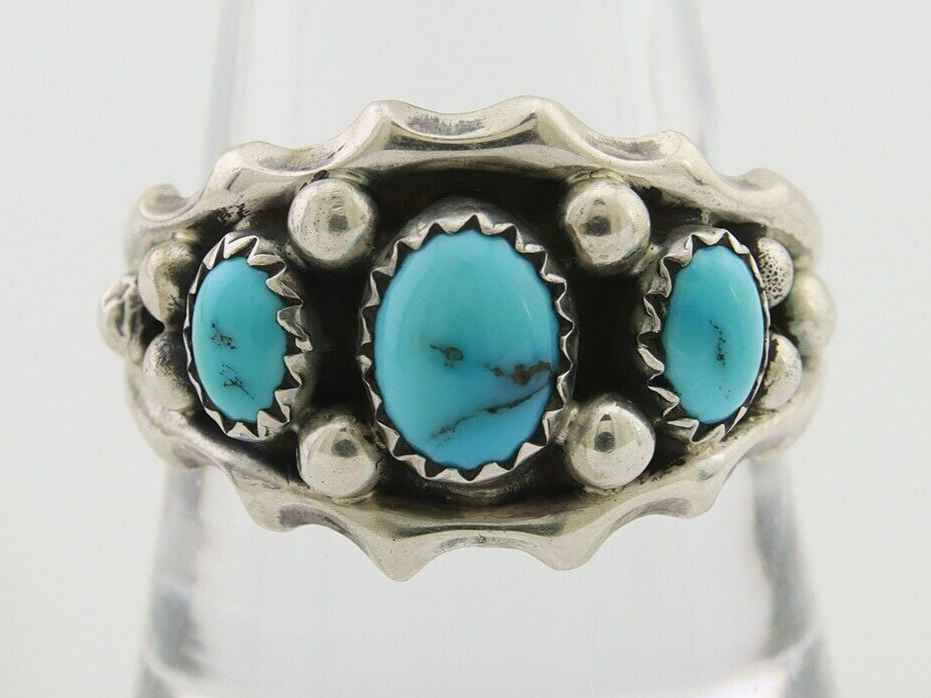 Navajo Ring 925 Silver Natural Blue Turquoise Native Artist Signed SC C.80's