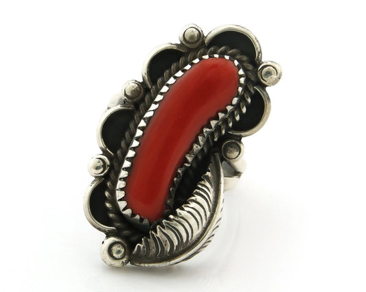 Navajo Coral Ring Sterling Silver Vintage Artist Signed E. K. B. Size 6.0