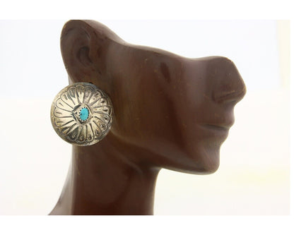 Navajo Earrings 925 Silver Handmade Concho Natural Turquoise Native Artist C80s