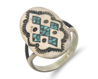 Navajo Ring 925 Sterling Natural Chip Inlay Turquoise C.80's Size 5.25