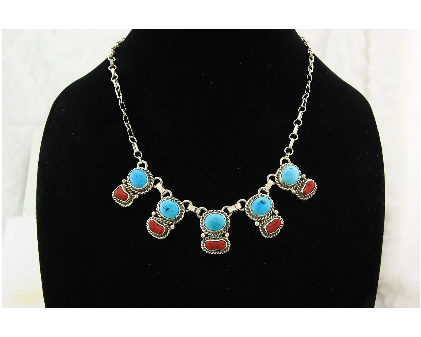 Navajo Necklace Sterling Authentic Turquoise & Coral Handmade Native Artist