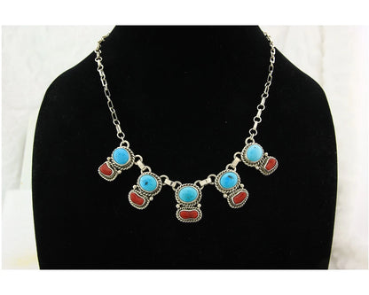 Navajo Necklace Sterling Authentic Turquoise & Coral Handmade Native Artist