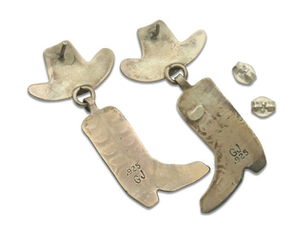 Navajo Earrings 925 Silver Hat & Boot Turquoise Native Artist Signed GJ C.80's