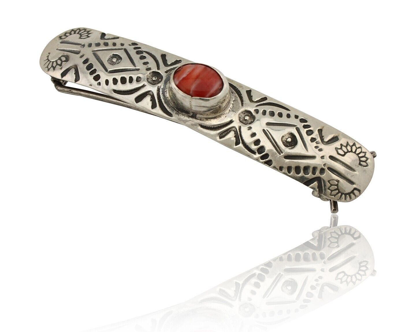 Women Navajo Hair Clip Barrette 925 Silver White Red Spiney Oyster Native Artist