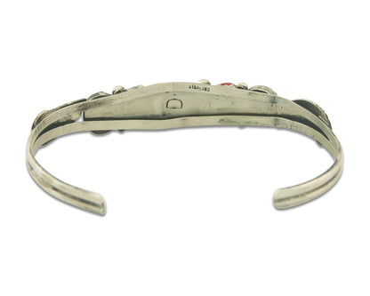 Navajo Bracelet 925 Silver Coral & Turquoise Cuff Signed D C.80's