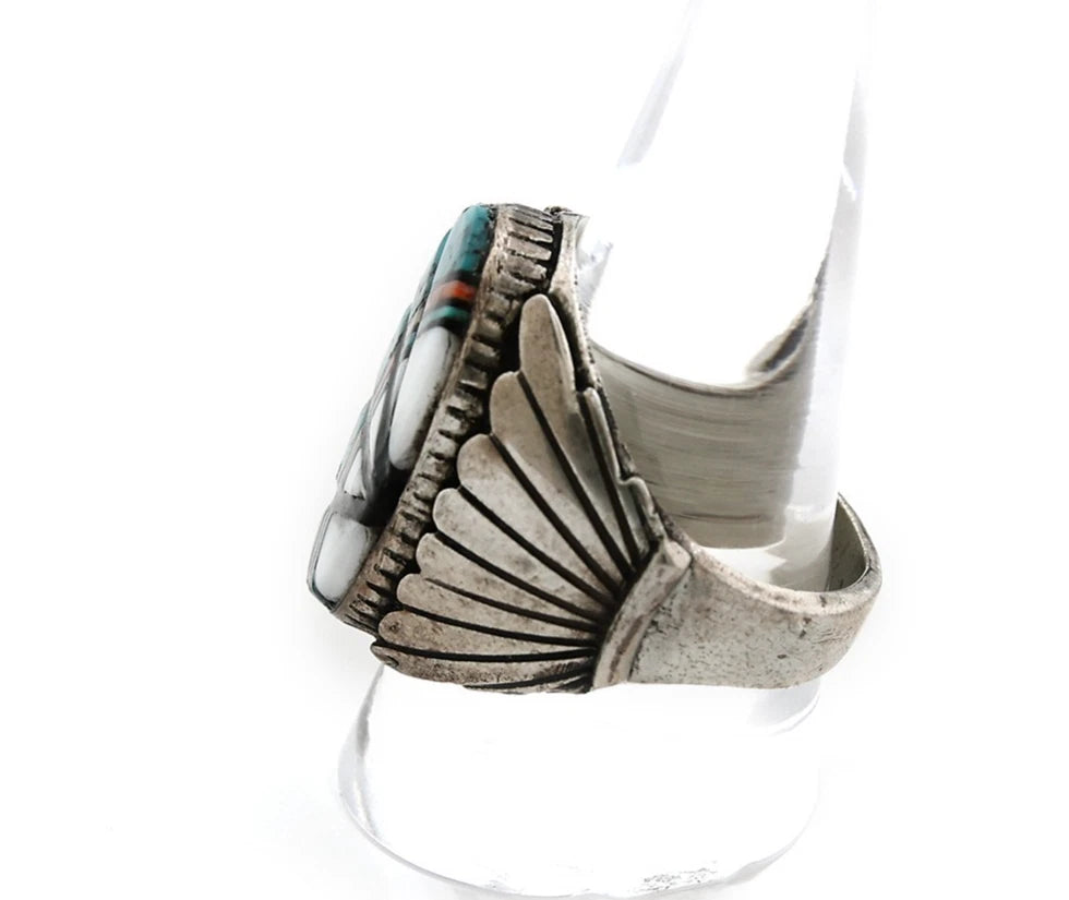 Men Zuni Ring Sterling Silver Gemstone Vintage Signed Thompson Size 11