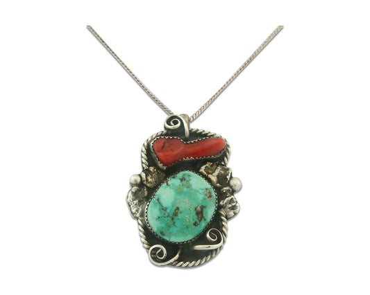 Vintage Navajo Necklace 925 Silver Carico Lake Turquoise & Coral Native Artist