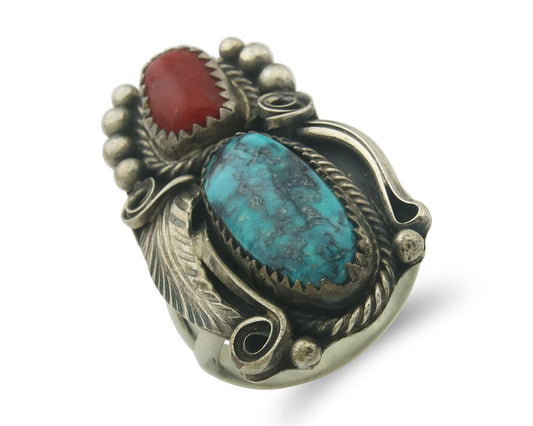 Navajo Ring 925 Sterling Natural Coral & Turquoise Signed JM C.80's Size 8.5