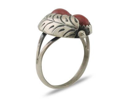 Navajo Handmade Ring 925 Silver Natural Mediterranean Coral Signed 88 C.80's