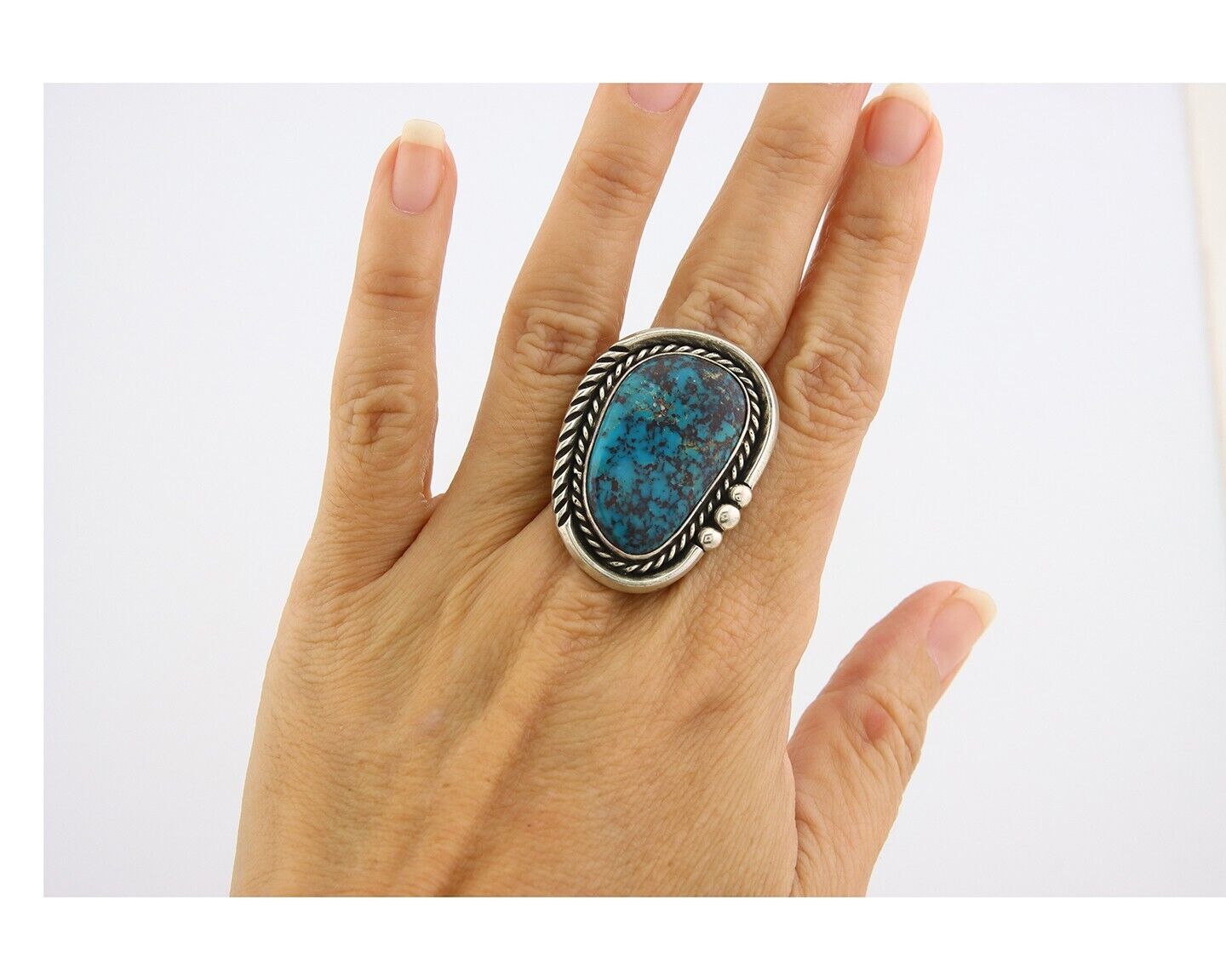 Navajo Ring 925 Sterling Natural Blue Turquoise Signed Ben S C.80's Size 9.75