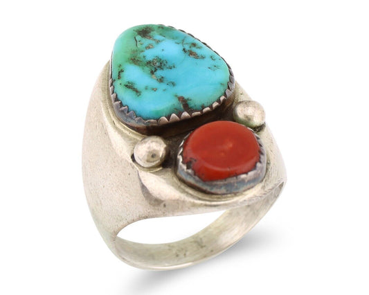 Navajo Ring 925 Silver Sleeping Beauty Turquoise & Coral Native Artist C.80s