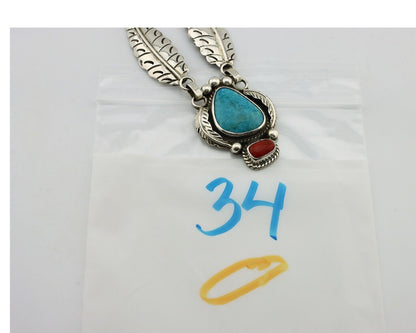 Navajo Necklace 925 Silver Turquoise & Coral Artist Signed Rabbit Stick C.2008