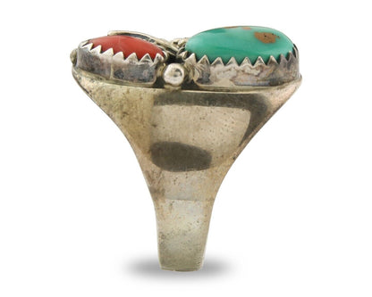 Navajo Ring 925 Sterling Turquoise & Coral Native Artist C.80's Size 6.5