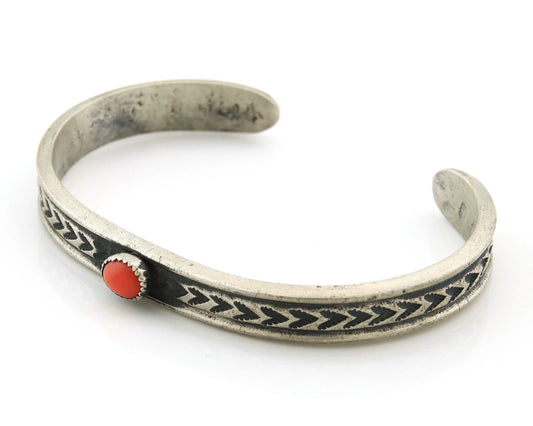 Navajo Cuff Bracelet Sterling Silver Vintage Coral Hand Stamped Native Artist