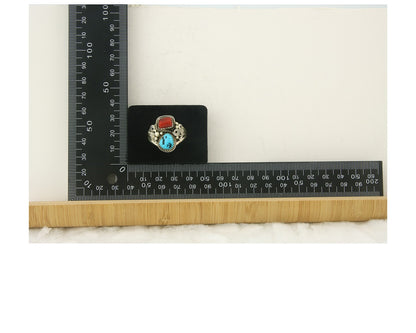 Men Navajo Ring 925 Sterling Natural Coral & Turquoise Signed JM C.80's Size 13