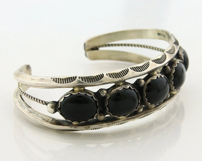 Navajo Cuff Bracelet 925 Sterling Silver Onyx Handmade Vintage Signed H Spencer