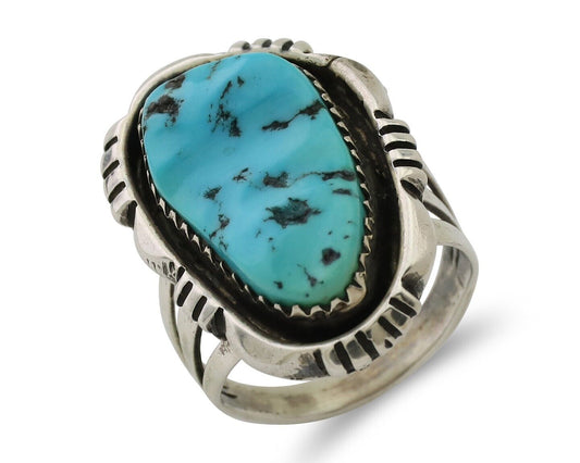 Navajo Ring 925 Silver Hand Cut Turquoise Native American Artist C.80's