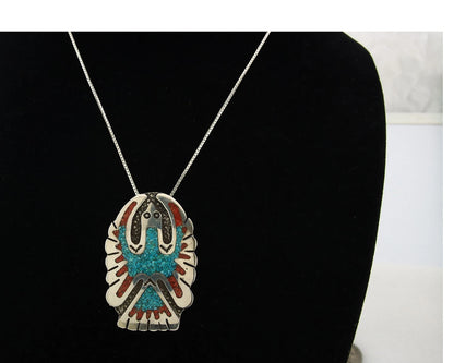 Navajo Phoenix Necklace Sterling Silver Turquoise & Coral Signed RP