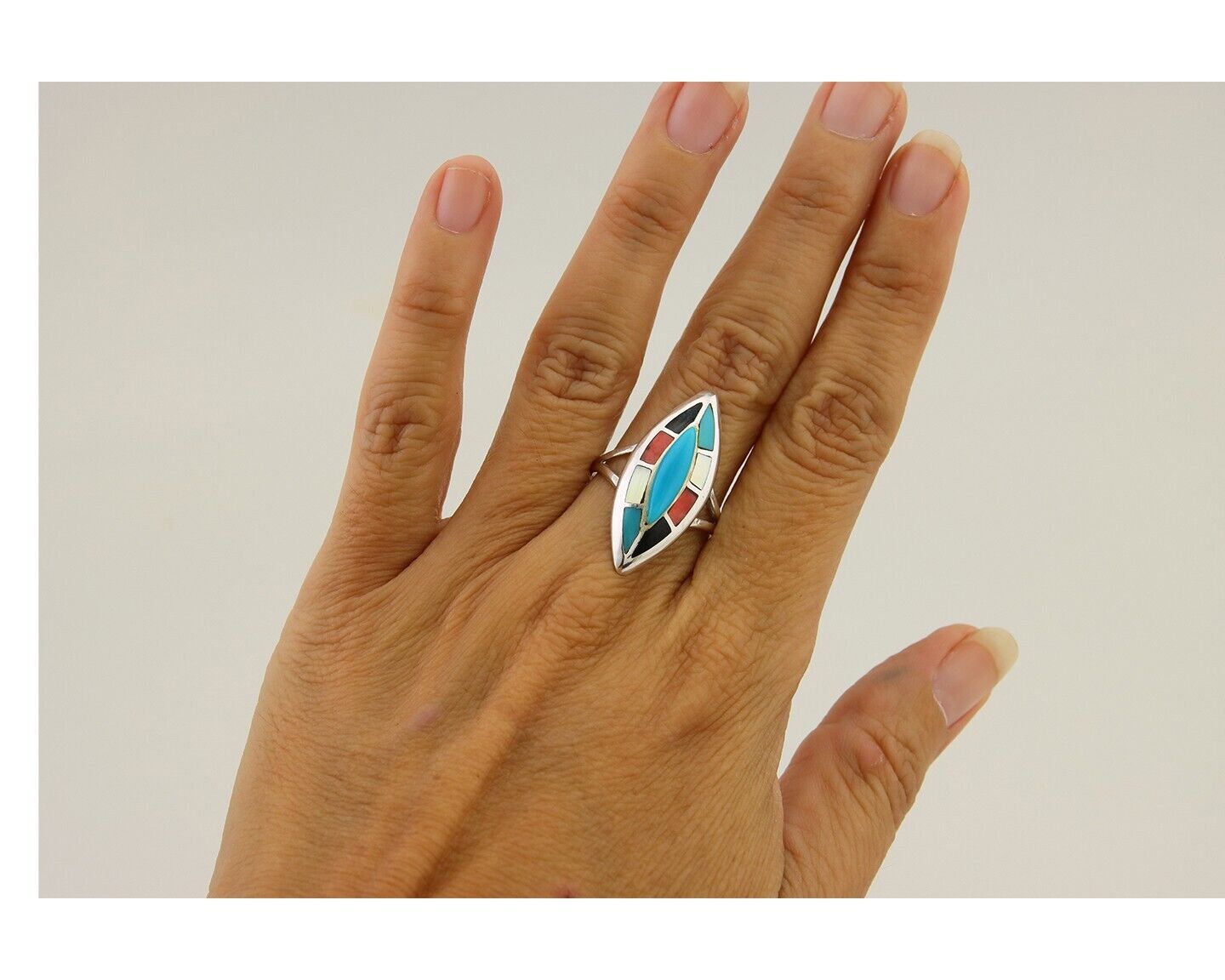 Navajo Ring 925 Silver Turquoise Shell Onyx Spiney Oyster Native Artist C80's