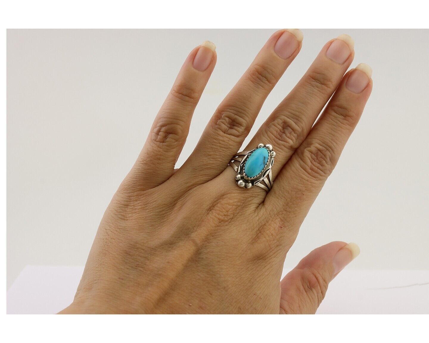 Navajo Ring 925 Silver Sleeping Beauty Turquoise Artist Signed SC C.80's