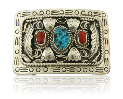 Vintage Navajo Belt Buckle 925 Silver Cluster Natural Gemstone Signed Teepee