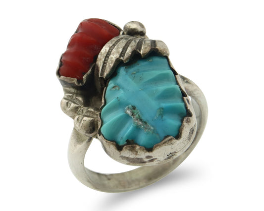 Vintage Zuni Ring 925 Silver Coral $ Turquoise Signed Loyolita Tsottie