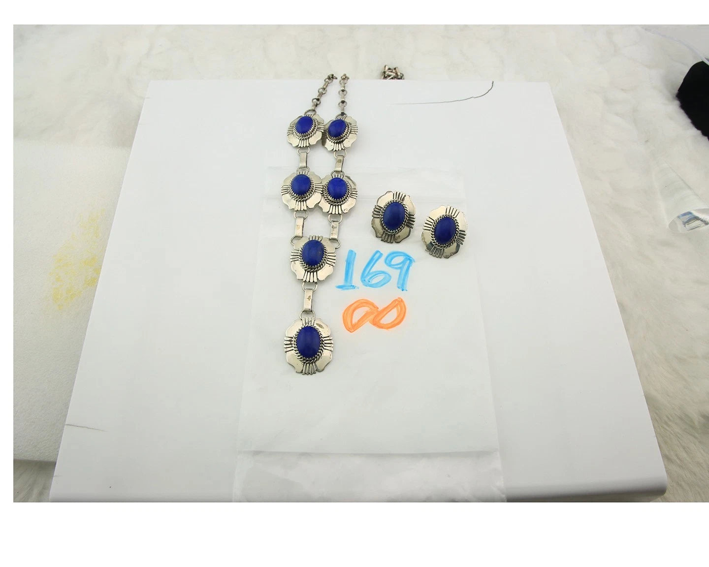 Navajo Necklace Earring Set Sterling Silver Lapis Vintage Signed W Denetdale