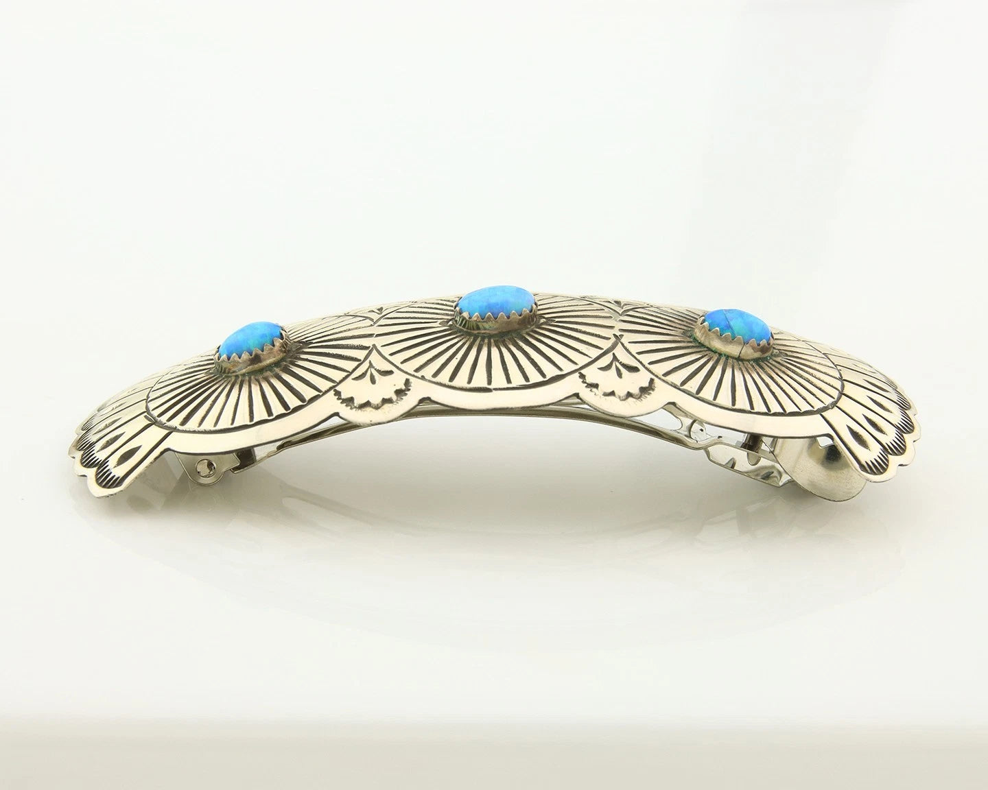 Navajo Barrette Sterling Silver Opal Hand Stamped Vintage Signed B SOCE
