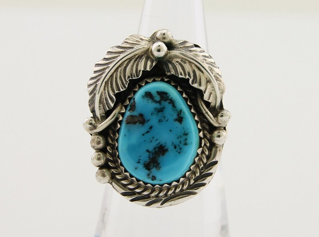 Navajo Ring .925 Silver Natural Slab Turquoise Artist Signed M. S. C.80's