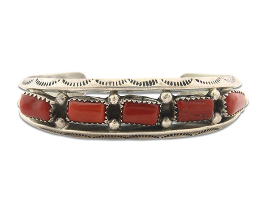 Vintage Navajo Bracelet 925 Silver Red Coral handmade Signed P