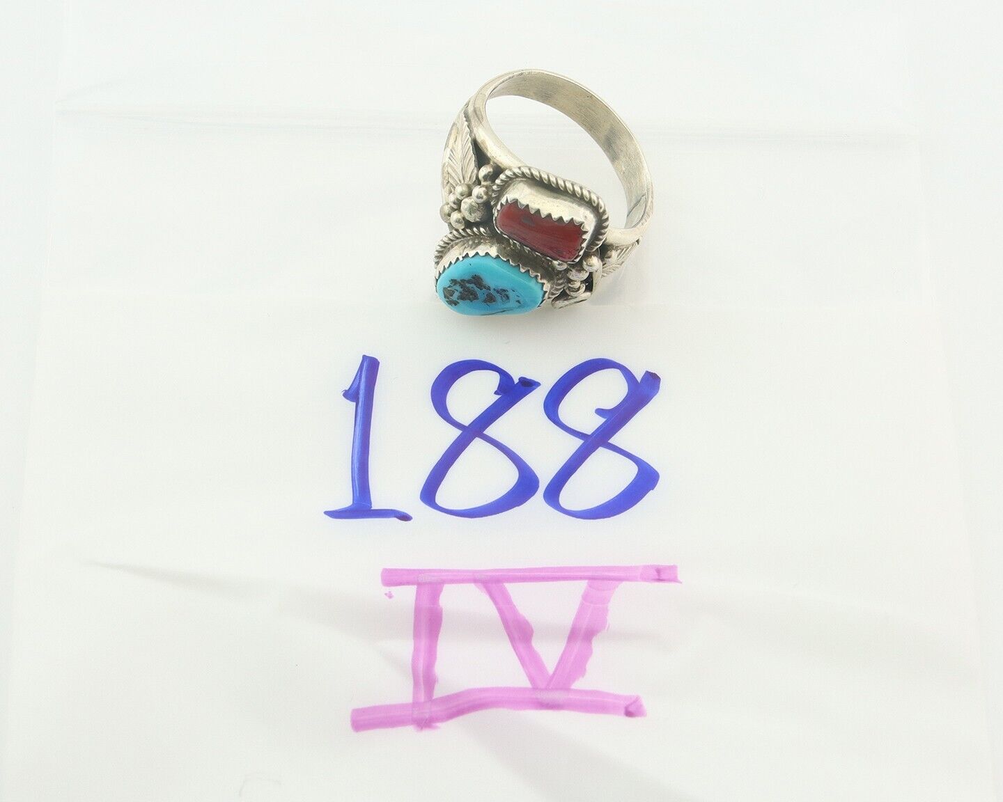 Men Navajo Ring 925 Sterling Silver Natural Coral & Turquoise Signed JM C.80's