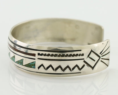 Navajo Inlay Bracelet 925 Silver Turquoise & Coral Signed Stanely Bain C.80's