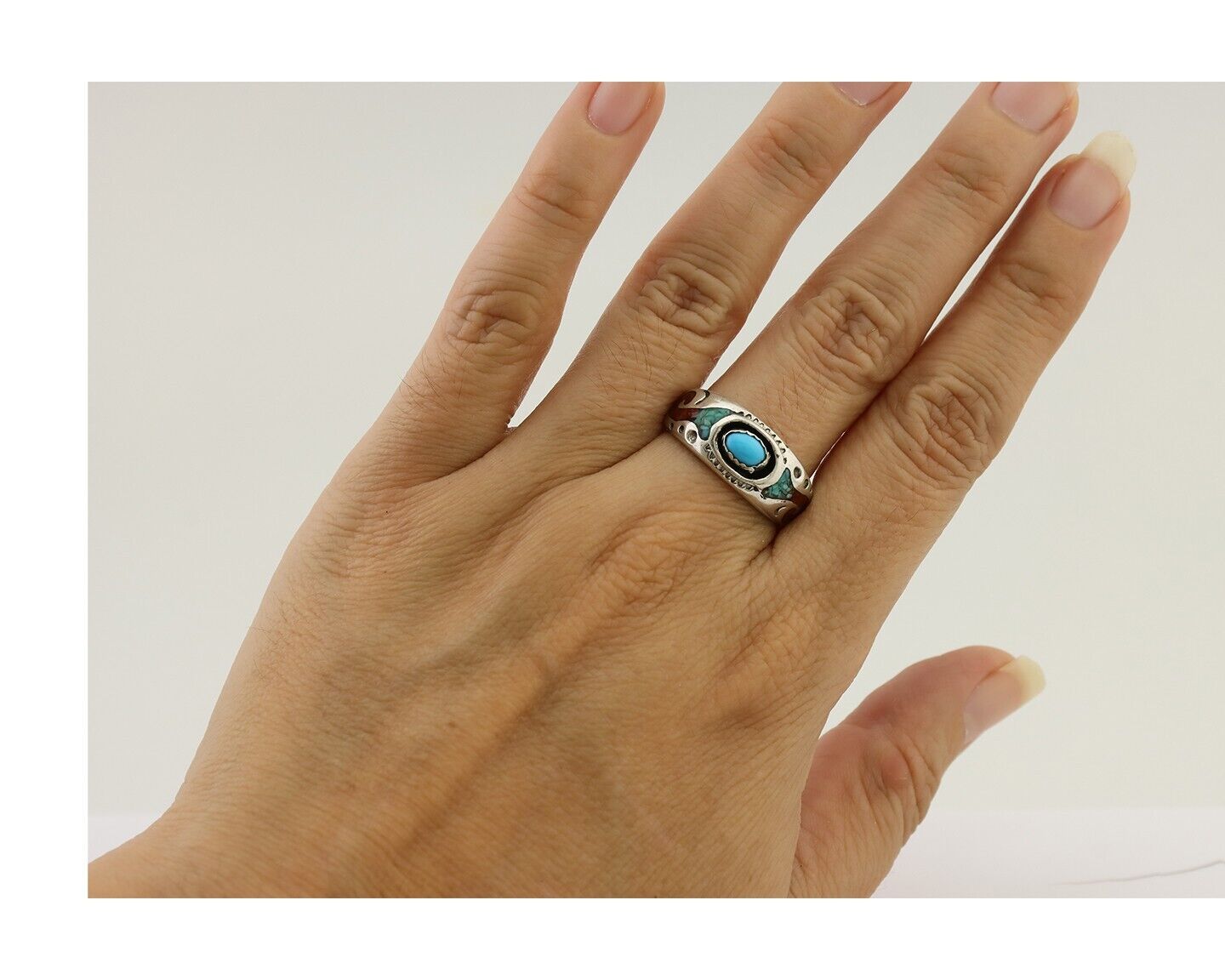 Navajo Ring 925 Silver Turquoise & Coral Natural American Artist C.80's