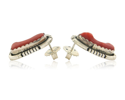 Navajo Earrings 925 Silver Natural Coral Artist Signed Charles Johnson C.80's