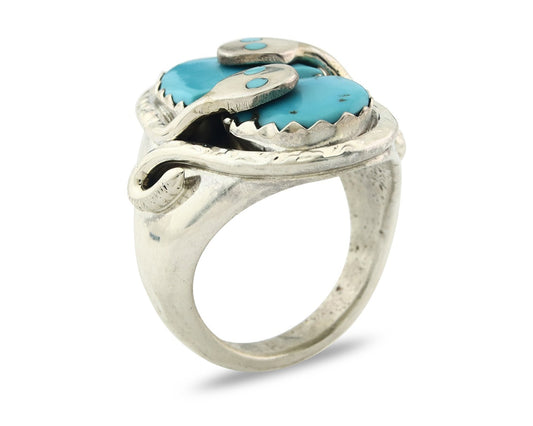 Men Heavy Zuni Snake Ring 925 Silver Turquoise Signed EFFIE CALAVASA C.80's