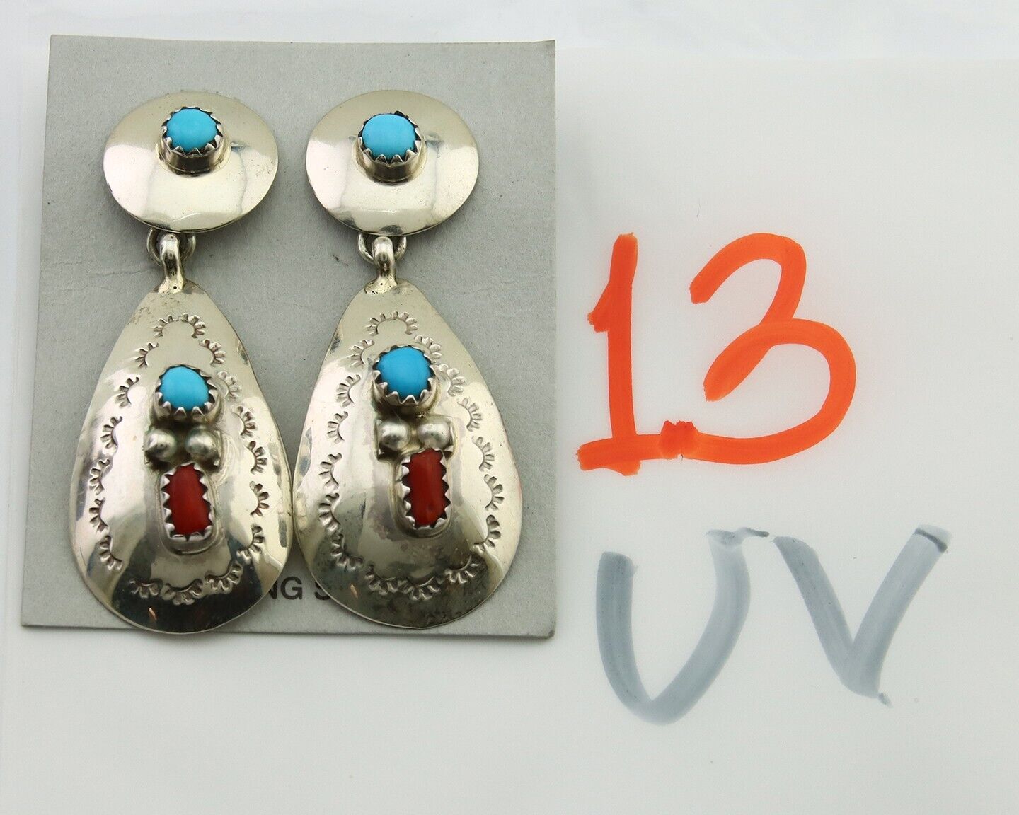 Navajo Earrings 925 Silver Turquoise & Coral Artist Signed Leeann Lee C.80's