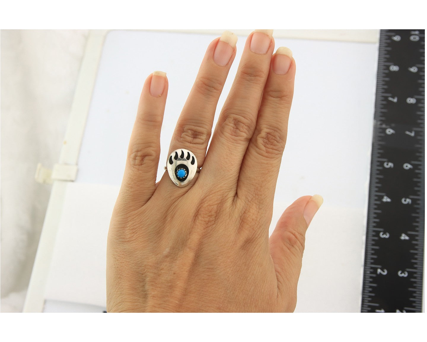 Navajo Paw Ring Sterling Silver Blue Turquoise Vintage Native Artist Size 4.0