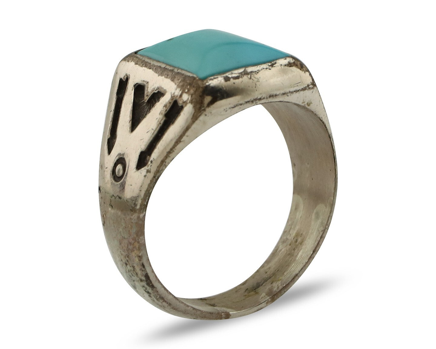Navajo Ring 925 Silver Kingman Turquoise Signed Sun Bell Silver Company C.80's