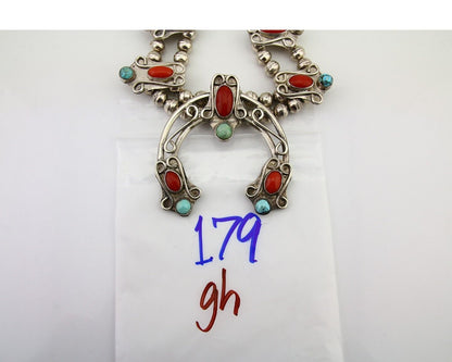 Navajo Coral Turquoise Squash Necklace 925 Silver Native Artist