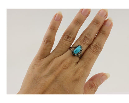 Navajo Ring 925 Silver Kingman Turquoise Native American Artist C.80's