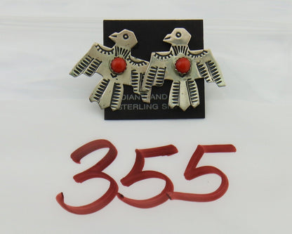 Navajo Thunderbird Earrings 925 Silver Natural Red Coral Native Artist C.80's