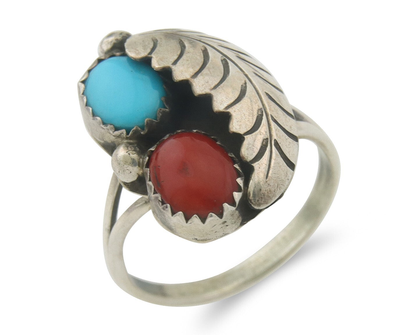 Navajo Ring 925 Sterling Natural Coral & Turquoise Signed BB C.80's Size 7.0