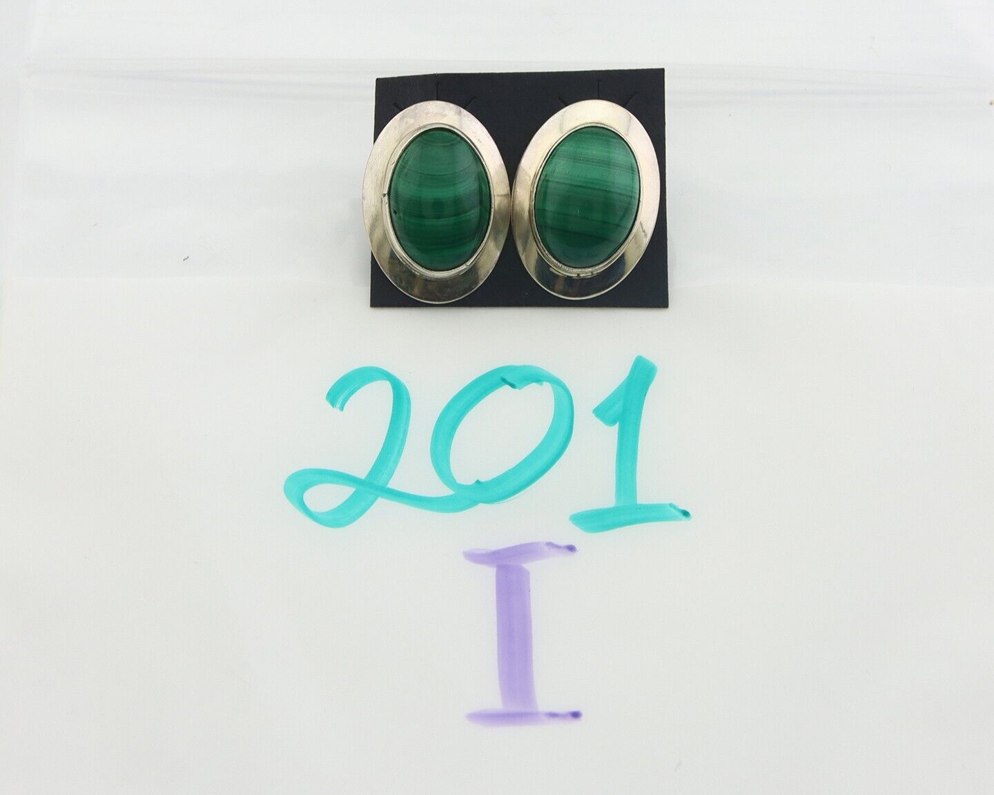 Navajo Earrings 925 Silver Natural Malachite Native American Artist C.80's