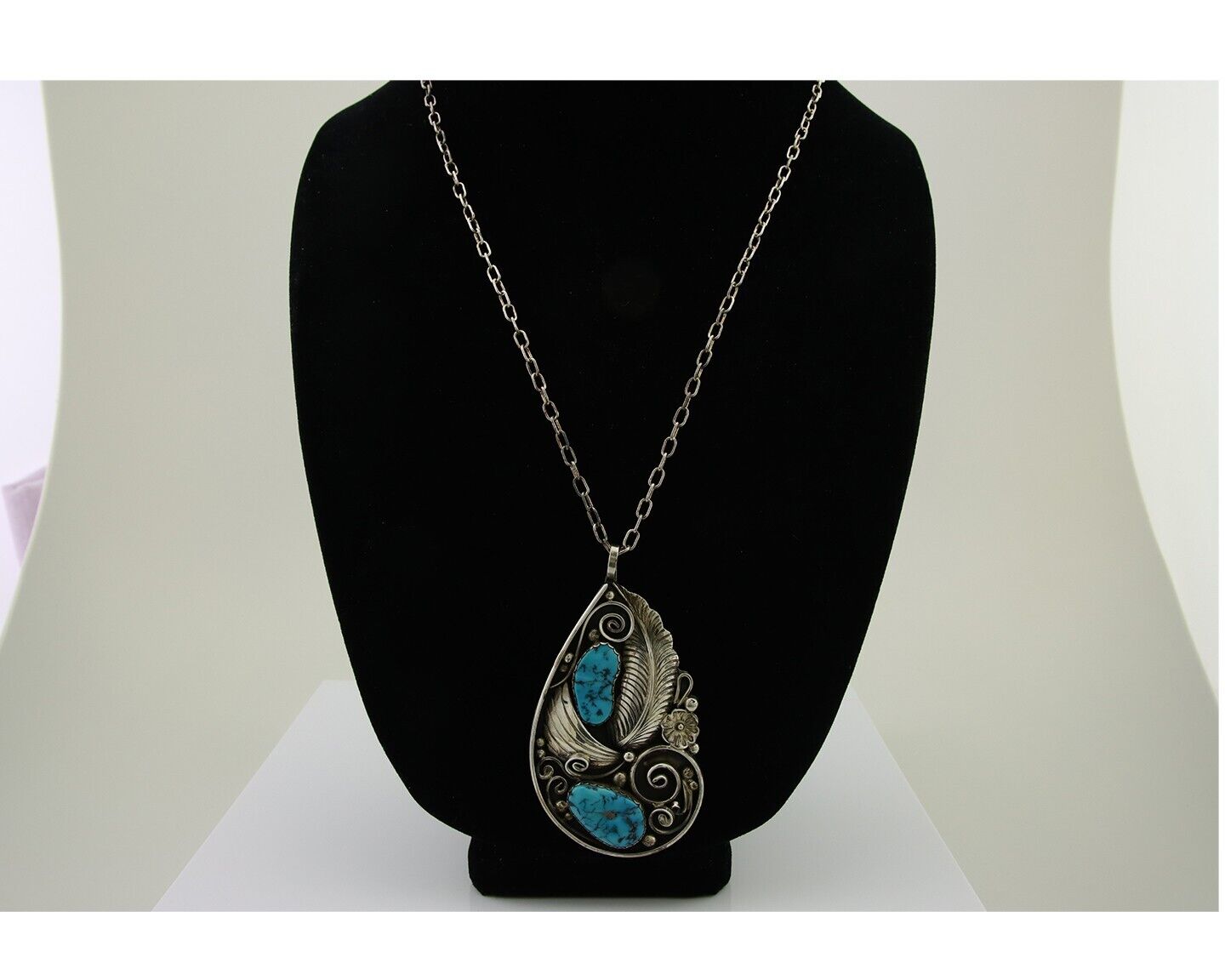 Navajo Necklace 925 Silver Natural Turquoise Artist Signed PM C.80's