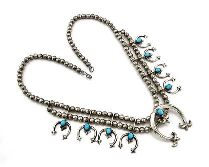 Navajo Squash Necklace Earring Set Sterling Silver Turquoise Vintage C.80's
